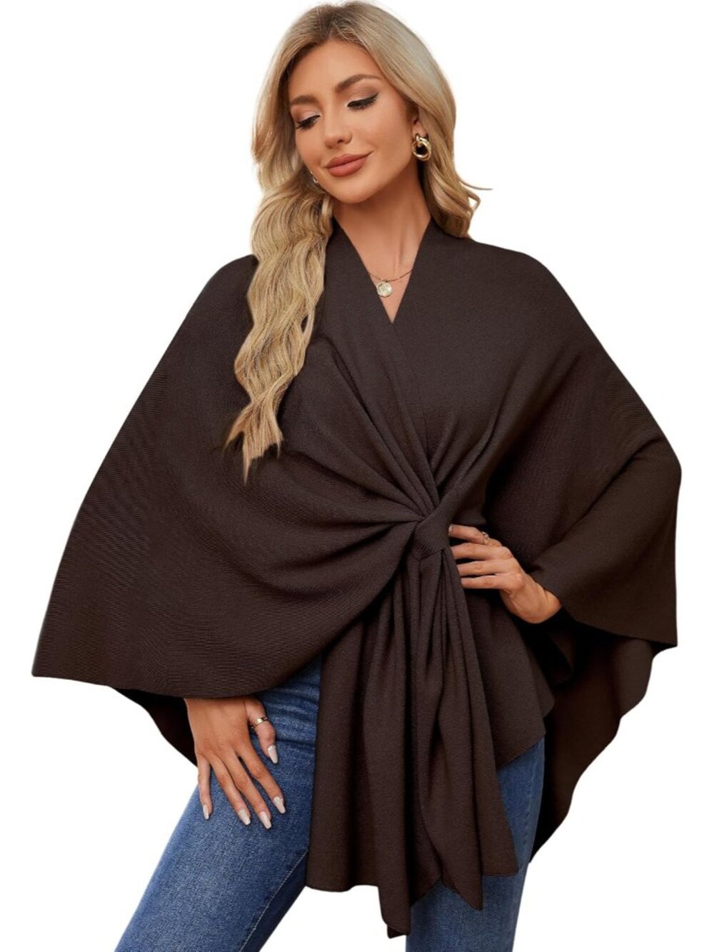 Women Elegant Shawl Wrap Open Front Poncho Sweater Spring Fall Winter